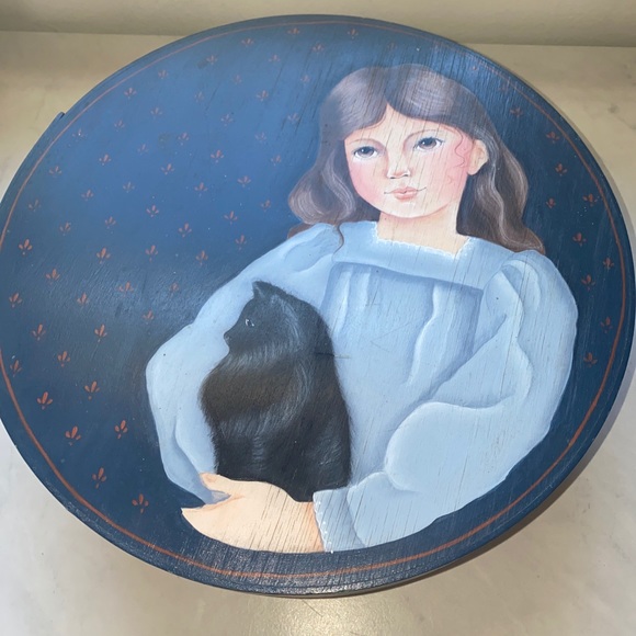 Hat Box Round Handcrafted Girl Cat Painted Vintage Wooden